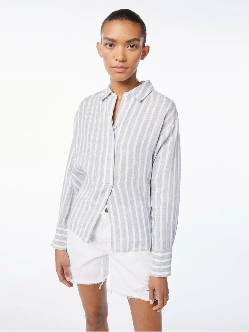 Frame Tie-Up Button Down Striped Linen Shirt Top Chambray Size S Coastal